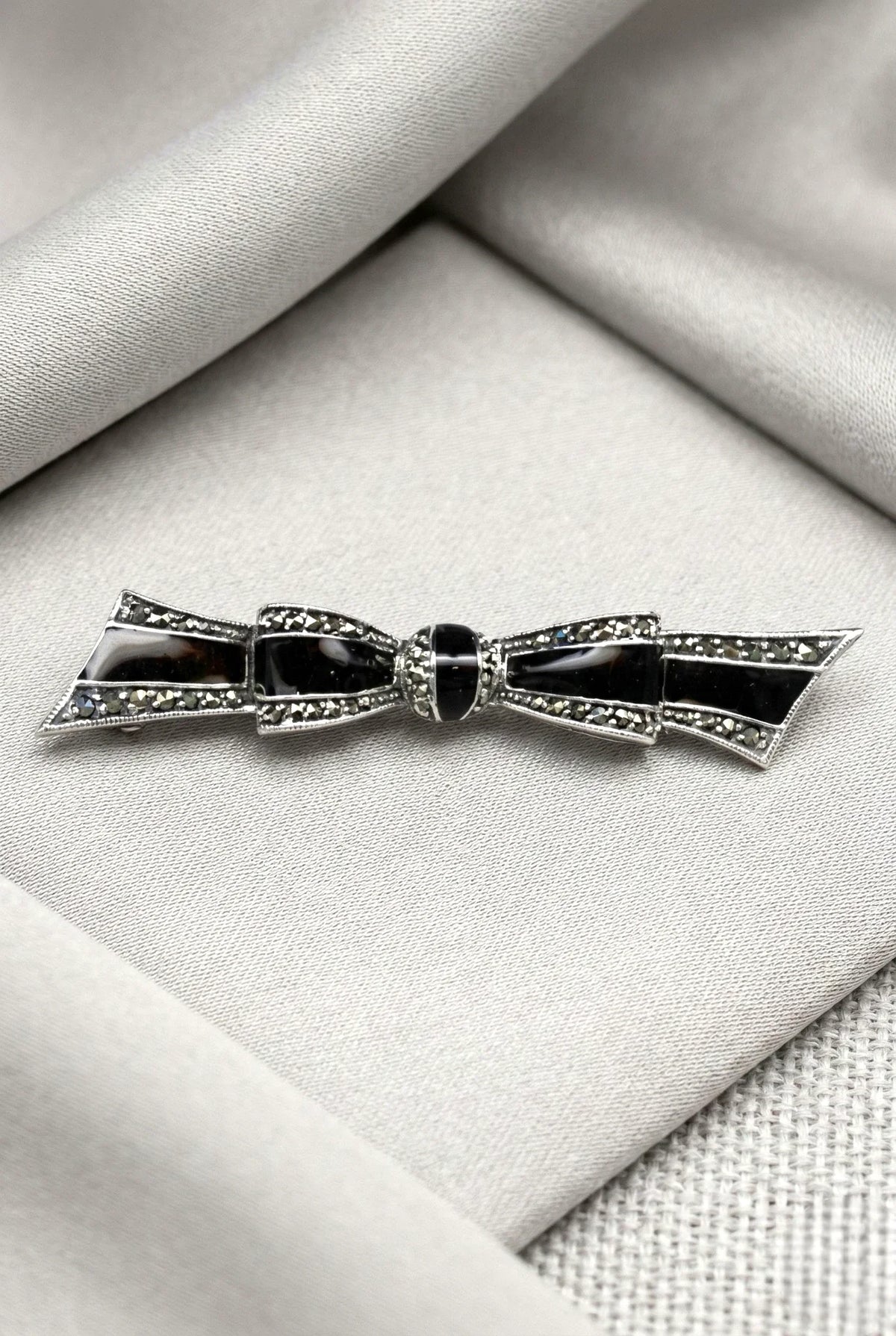 Black Enamel & Marcasite Bow Brooch